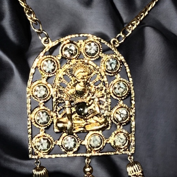 Vintage Buddha Gold Tone Rhinestone Pendant Necklace with Tassels - Picture 4 of 6
